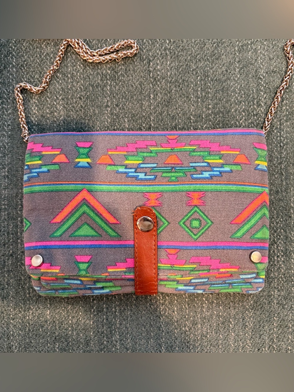 Street Level Multicolor Print Crossbody Clutch with Brown Leather Trim